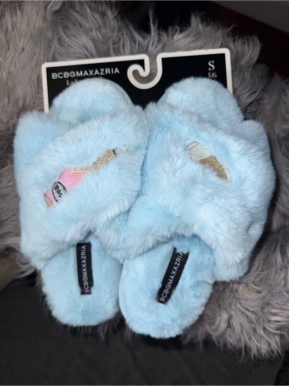 BCBGMaxAzria Light Blue Faux Fur Slide Slippers (Small 5-6) NWT